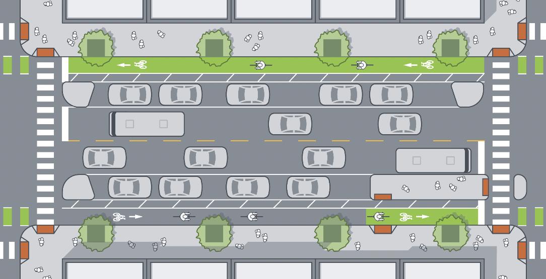 A sample block of Belmont avenue, including curbside protected bike lanes and a bus-boarding island, visible at the lower right. Image: CDOT