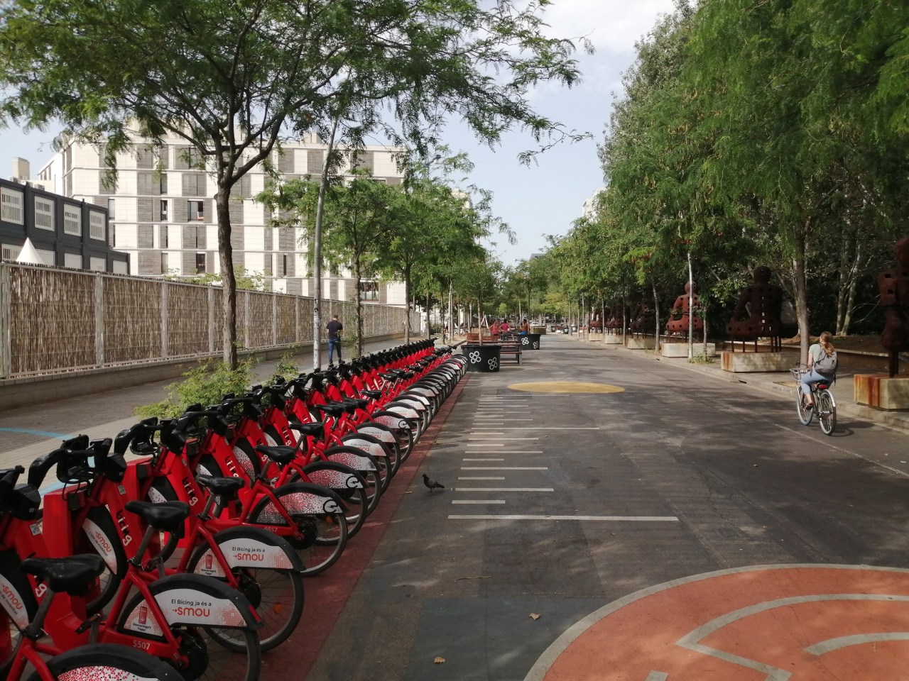 Photo of a Bicing bike share station on a "superilla"