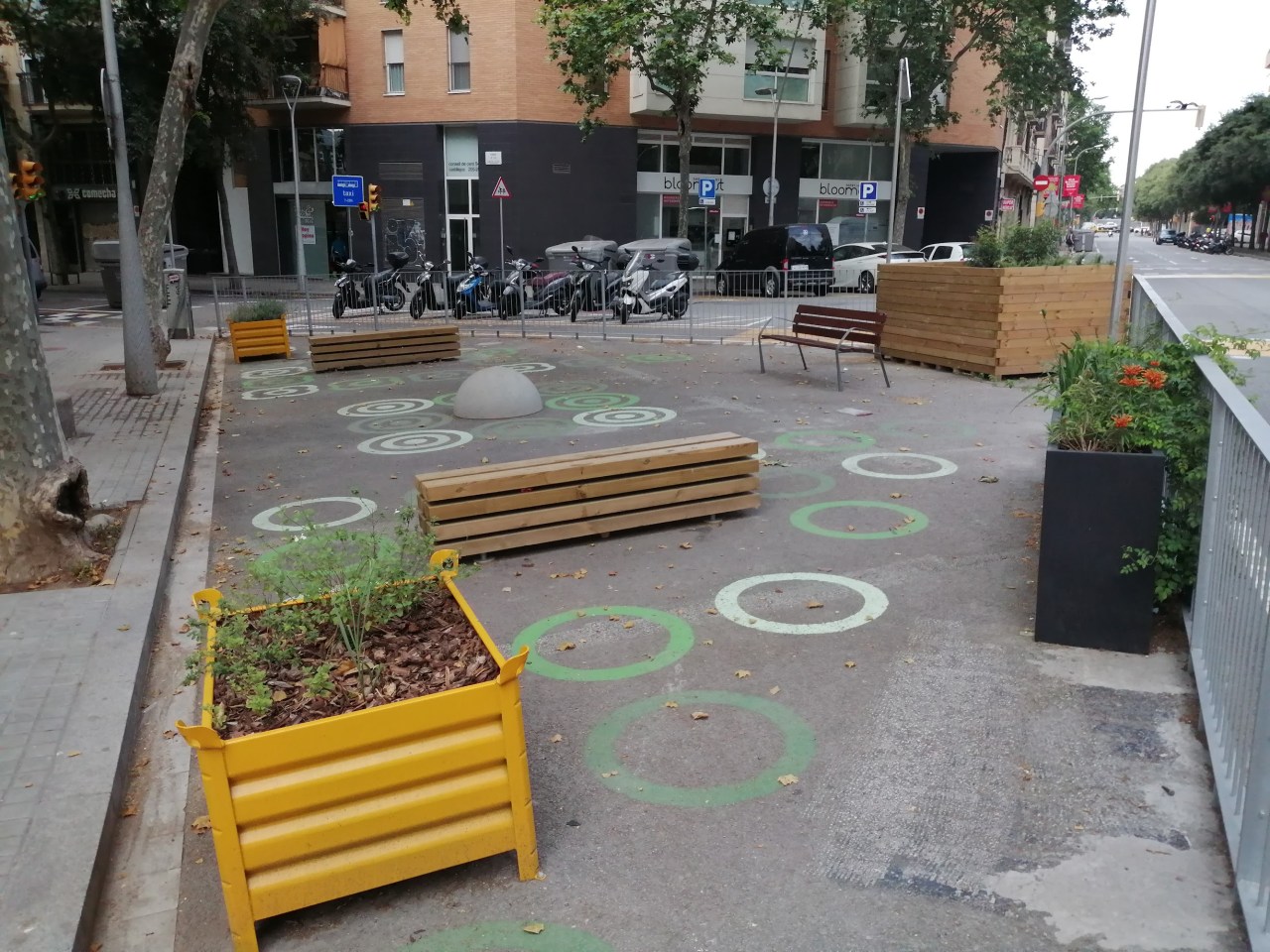 A photo of a redesigned streetscape where cars used to be parked