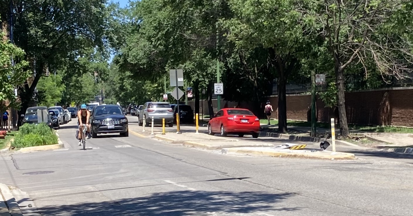 The pedestrian island at Berteau is a pinch point for bike riders. It will be removed as part of the project. Photo: John Greenfield