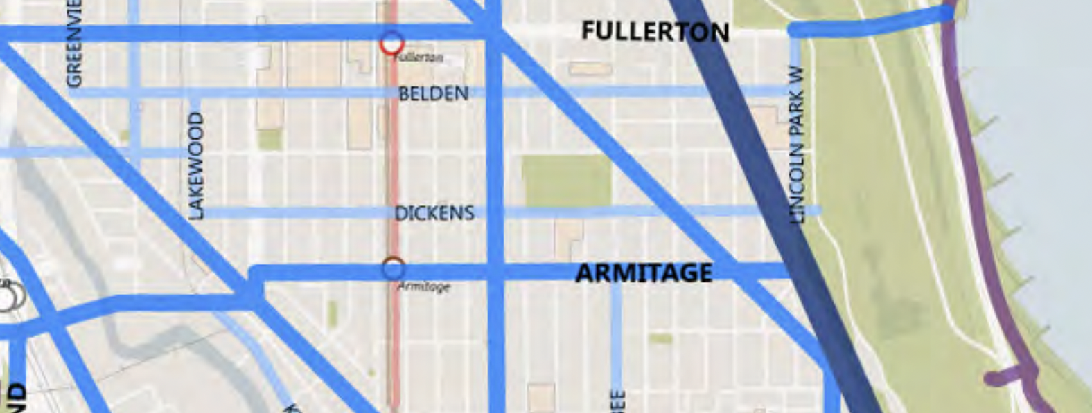Detail from the Chicago Streets for Cycling Plan 2020 highlighting Dickens as a future Neighborhood Bike Route. Image: CDOT