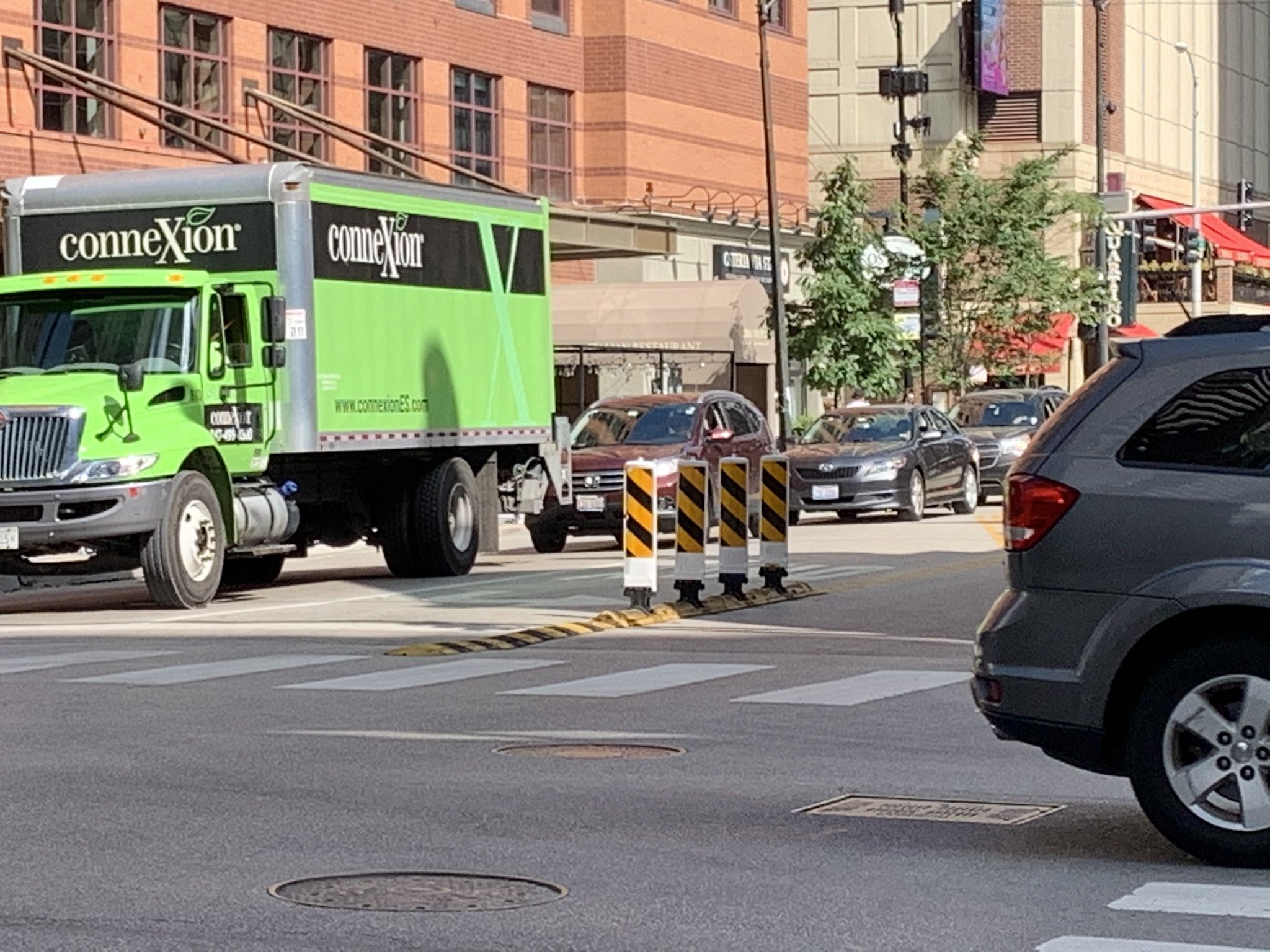 The speed bump and bolards at the north leg of Ohio and State streets as they appeared in mid-August. Photo: Kyle Lucas