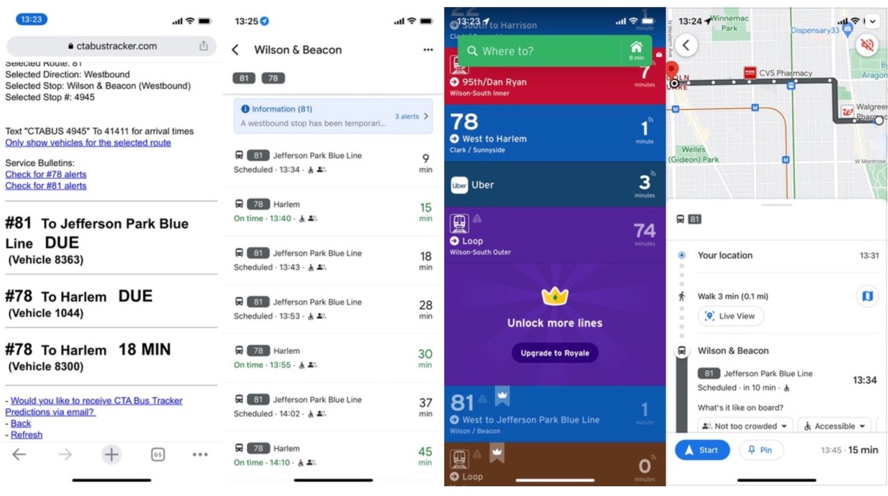 CTA bus arrival times using the Bus Tracker website and various apps. Click to enlarge.