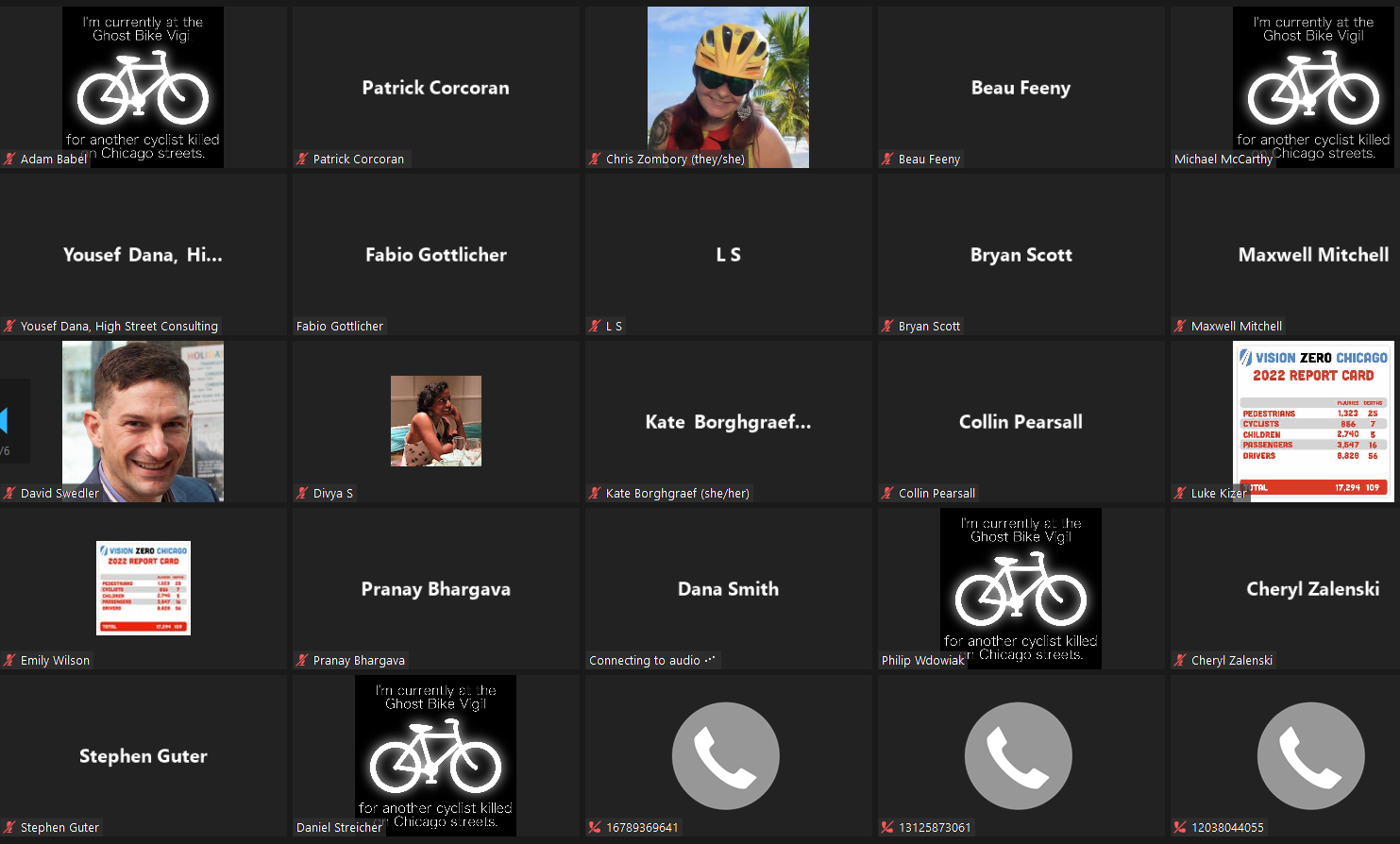 Screenshot from the meeting with ghost bike and Vision Zero 2022 Report Card backgrounds.