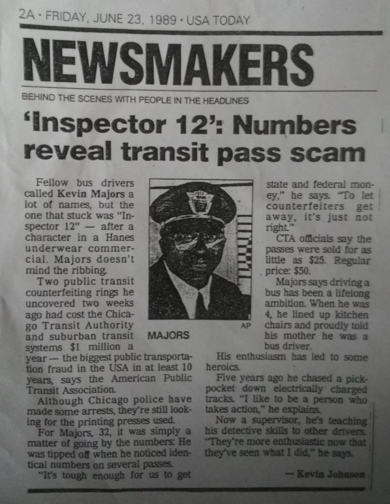A 1989 article about Majors helping to bust a counterfeit CTA pass ring. Click to enlarge.