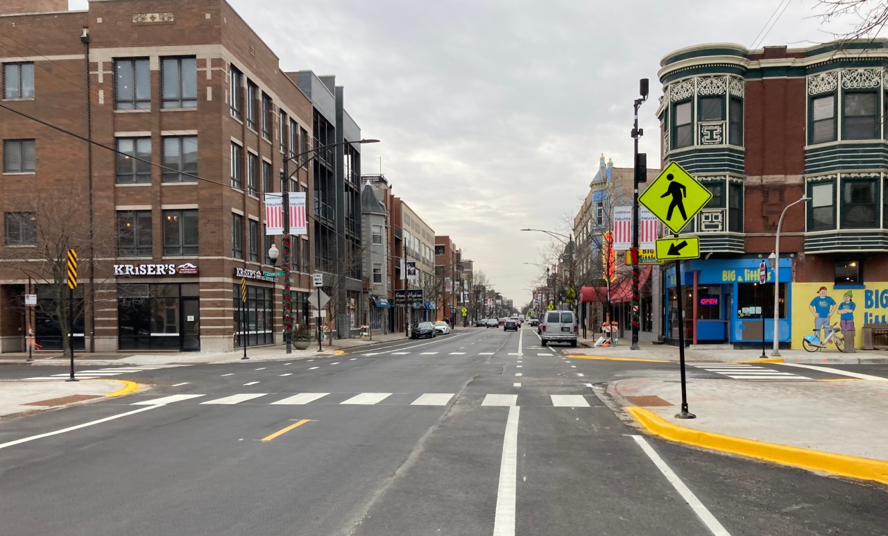 Curb bump-outs have been constructed at all corners of the Belmont/Kenmore intersection. Photo: John Greenfield