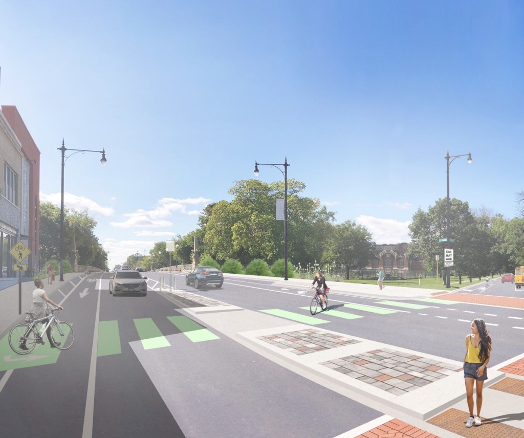Lawrence streetscape includes contraflow bike lane to access North Shore Channel Trail