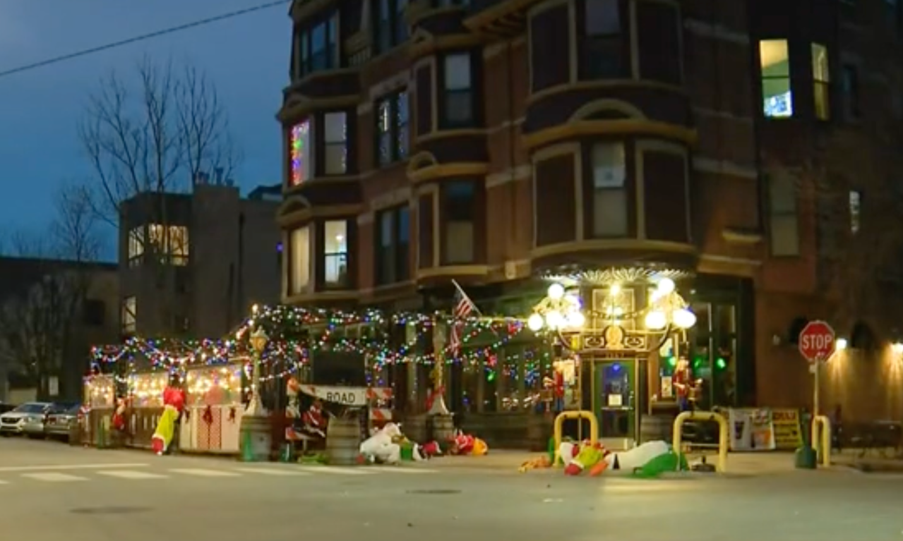 Decorations were tied to the yellow barricades, shown here after deflation. Image: CBS