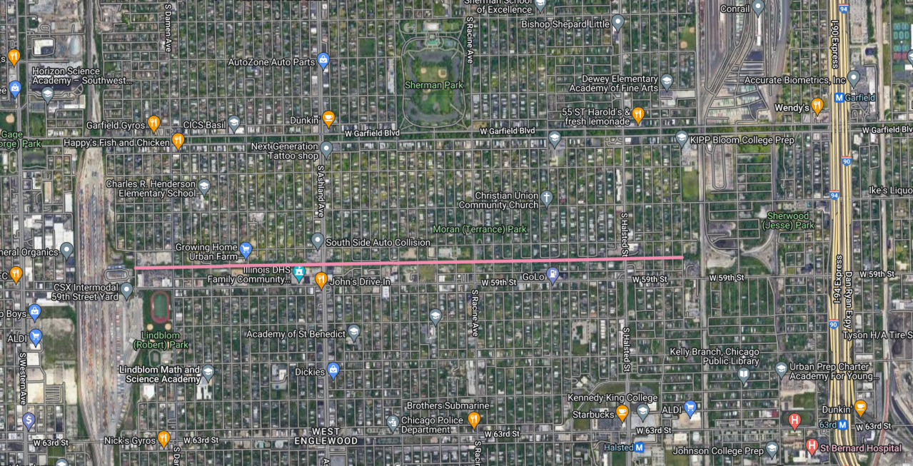 The Englewood Nature Trail corridor, pink. Click to enlarge. Image: Google Maps