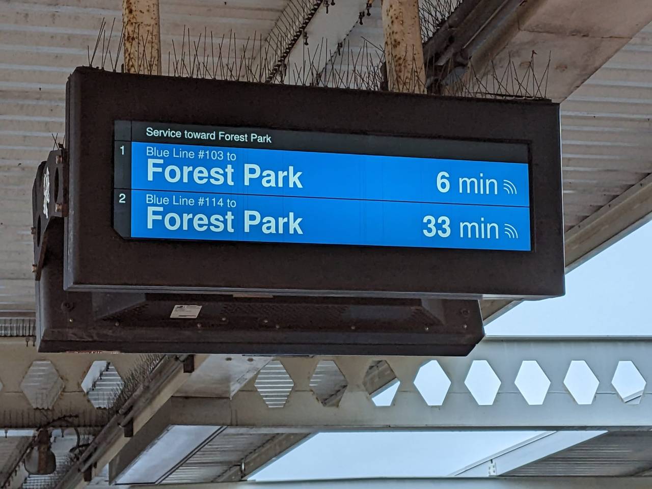 A recent 27-minute headway at the California station of the O'Hare branch. Photo: Gin Kilgore