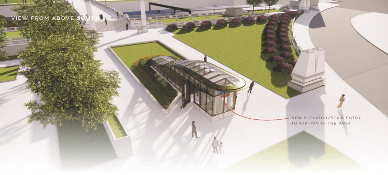 Rendering of the new ADA-compliant entrance on the east side of Michigan at Van Buren.