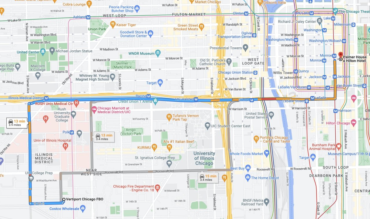 A car trip from the vertiport to the Palmer House is about four miles. Image: Google Maps