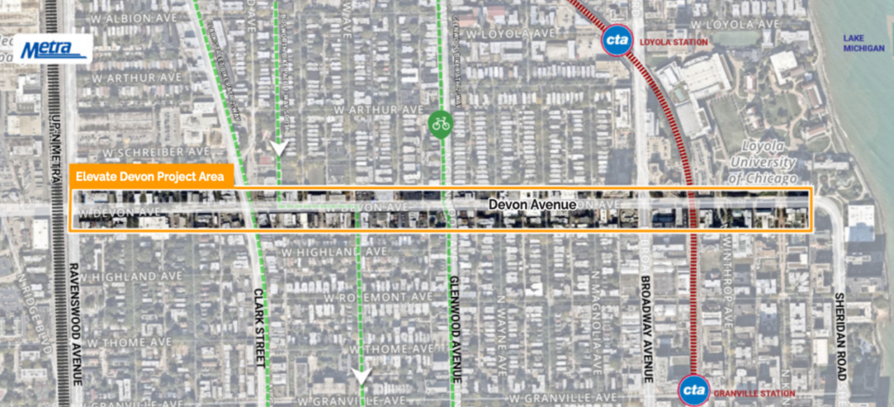 The study area: Devon Avenue from Ravenswood Avenue on the west to Sheridan Road on the east. Image: Elevate Devon Corridor Plan / Teska Associates, Inc.