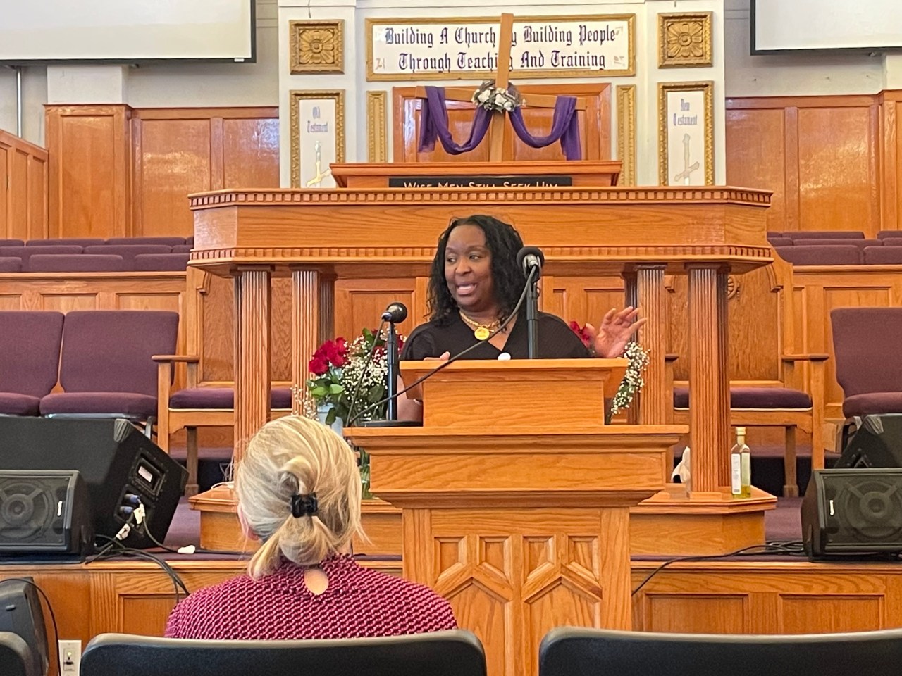 A speaker at the meeting at Stone Temple Church. Photo: Cameron Bolton
