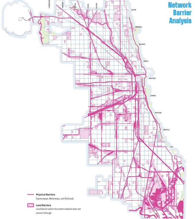 Map of physical barriers to installing bikeways. Image: CDOT