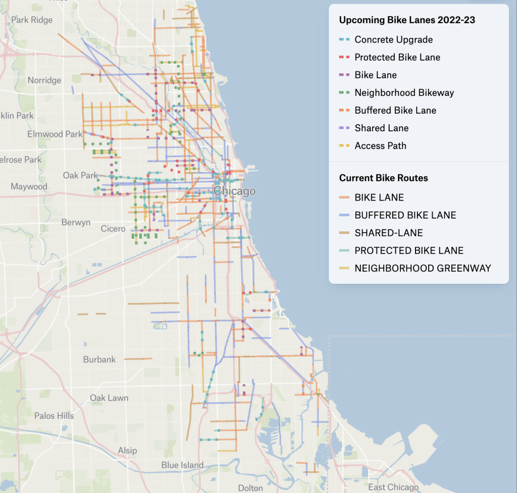 Check out the colorful Chicago Current and Upcoming Bike Lanes map