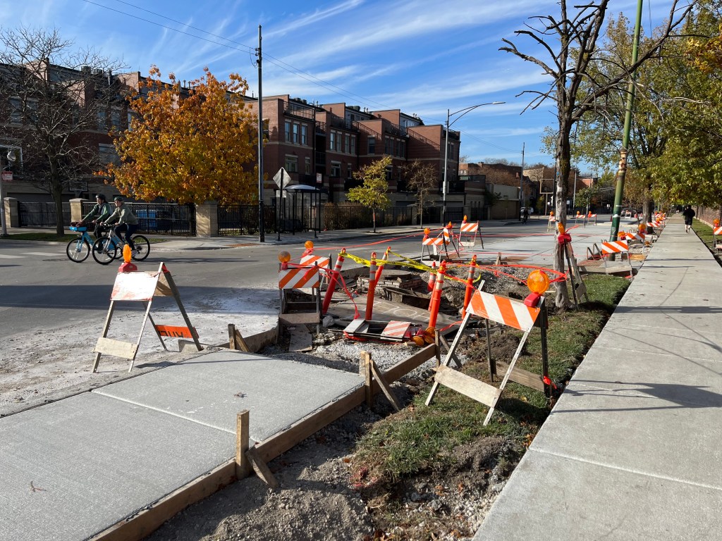 The Clark PBLs and bus boarding islands between Irving Park and Montrose are progressing nicely