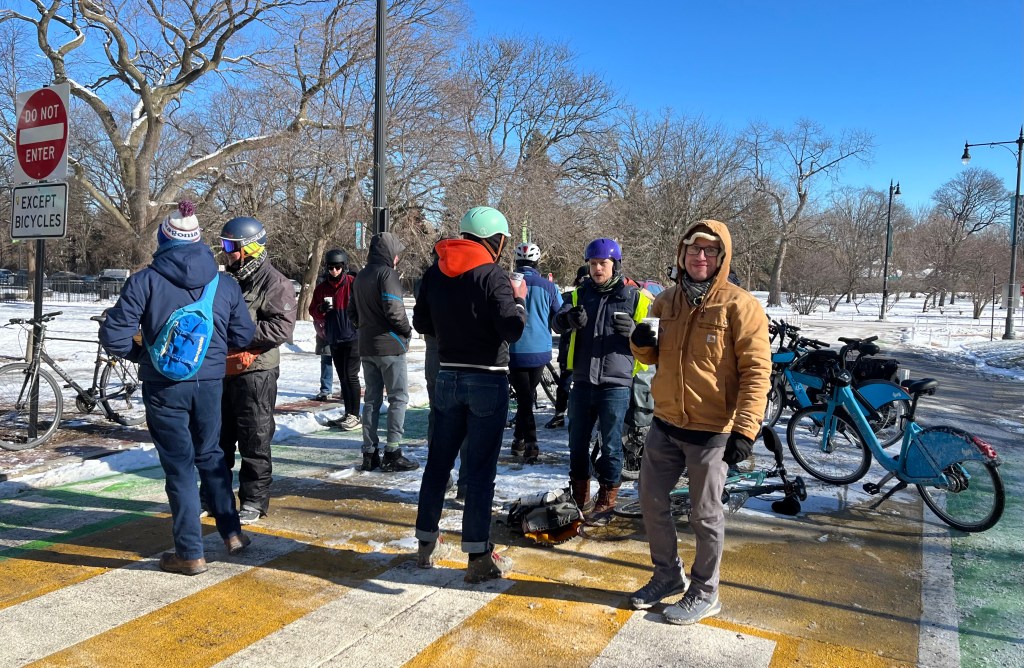 “No one bikes in Chicago during the winter!” Nice turnout for the Churros and Chill Ride on the Dickens Greenway