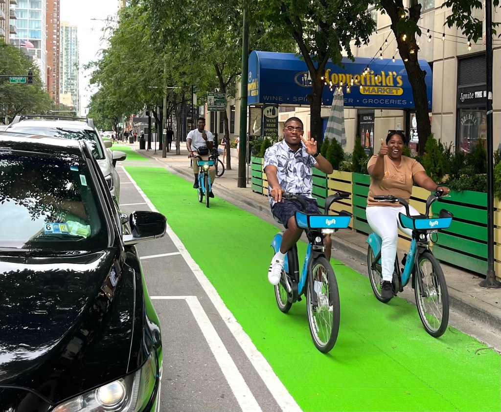 Riding on Chicago’s new all-green protected Clark Street “Brat Lane”